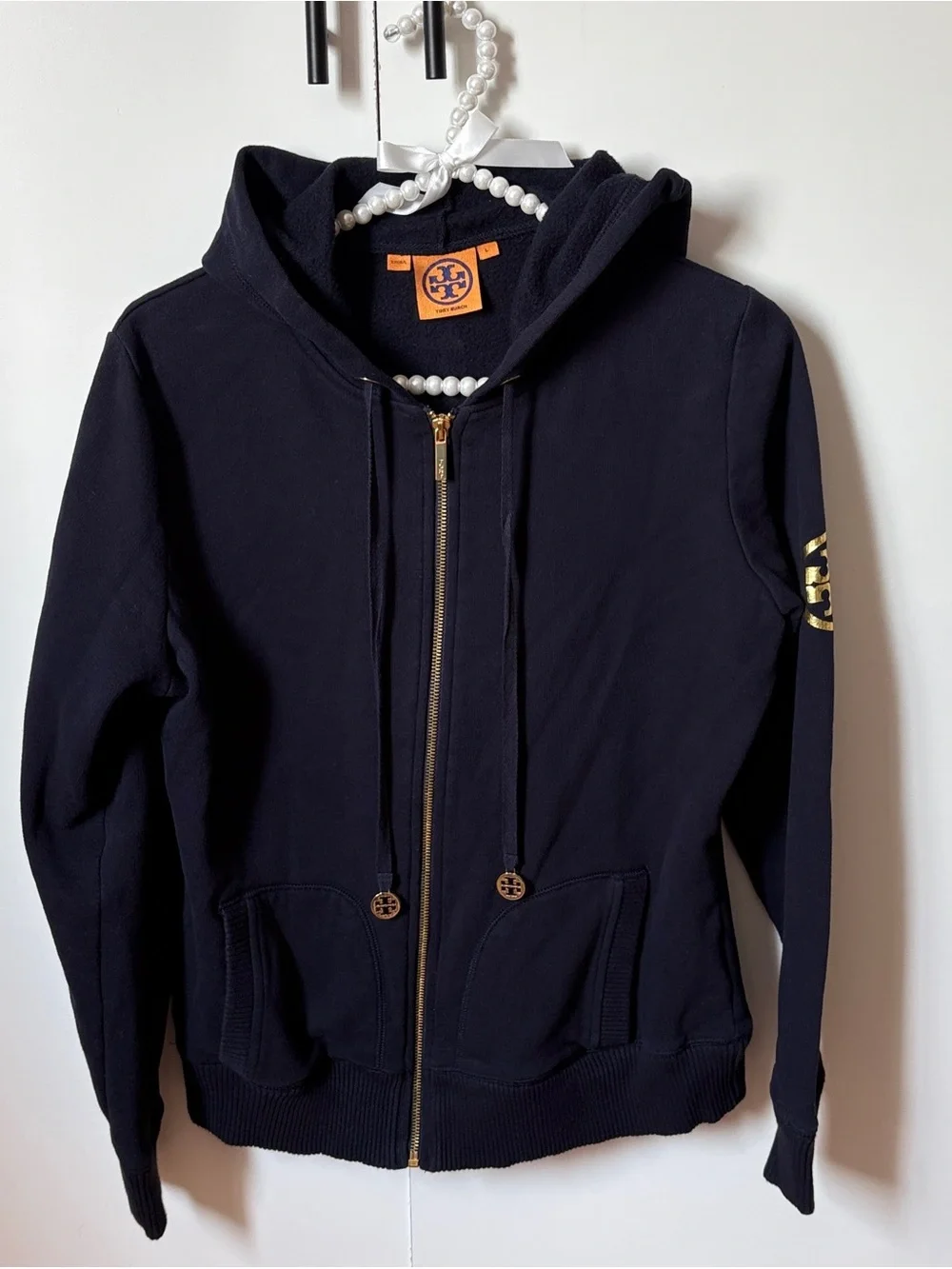 TORY BURCH Zip Up Jacket Hoodie | Navy Gold Logo | L